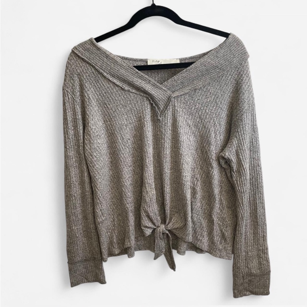 Gray Knit Vintage Havana Sweater with Tie Front